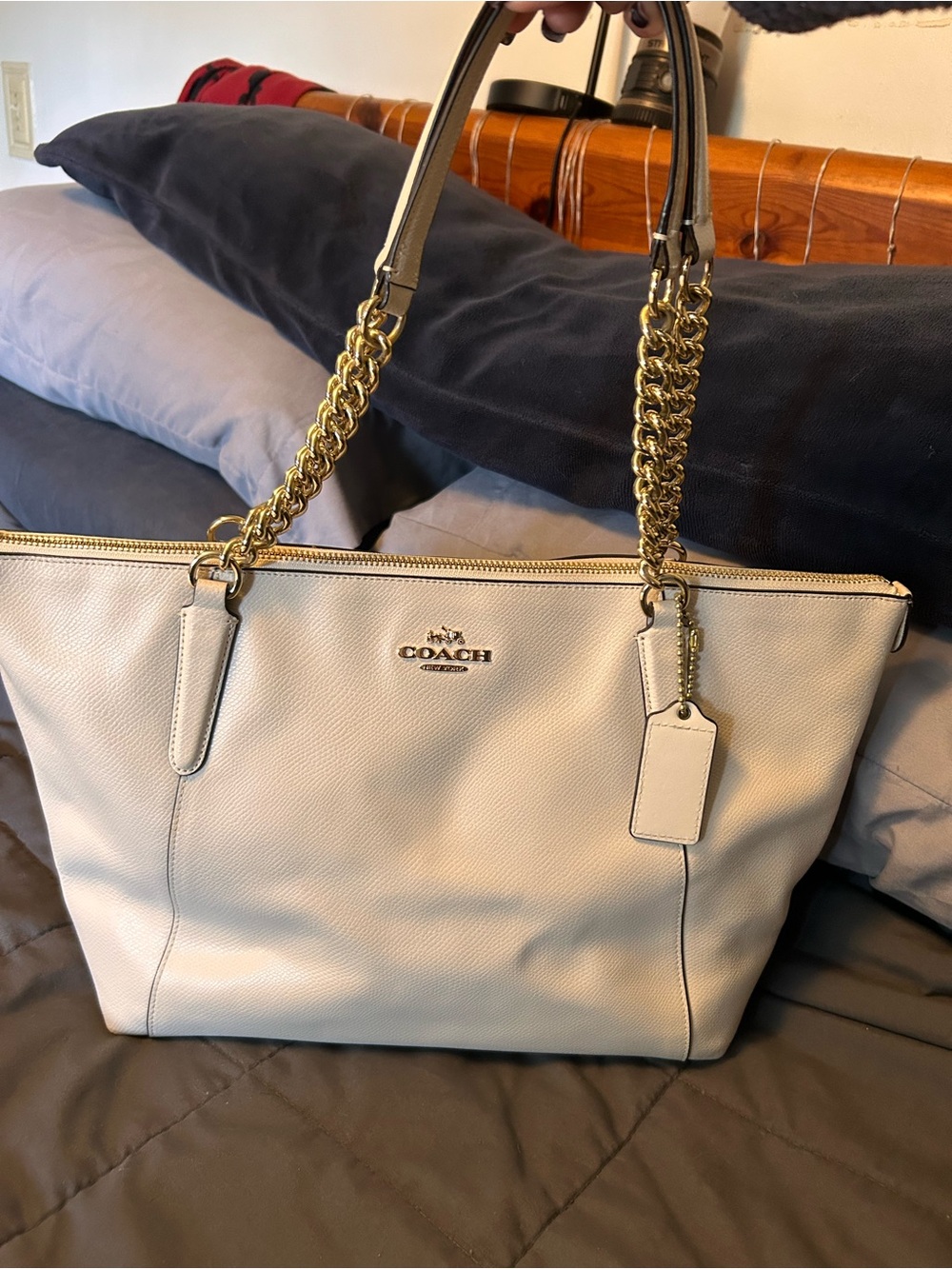 Coach Cream Leather Tote with Gold Chain Handles